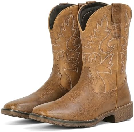 Cowboy Boots for Men Square Toe Chunky Heel Western Boots