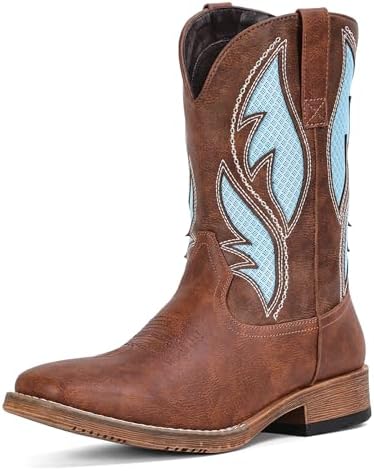 Cowboy Boots for Men Square Toe Retro Western Boots with