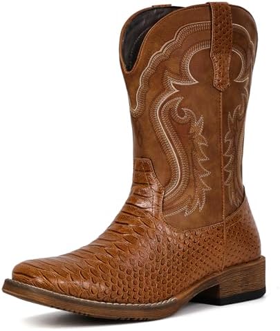 Cowboy Boots for Men Western Boots Square Toe Mid Calf Cowboy Boot
