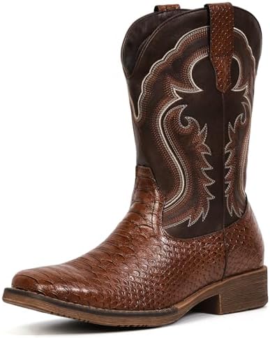 Cowboy Boots for Men Western Boots Square Toe Mid Calf Cowboy Boot