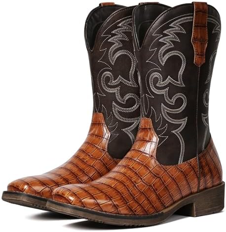 Cowboy Boots For Men Western Caiman Tail Print Wide Fashionable