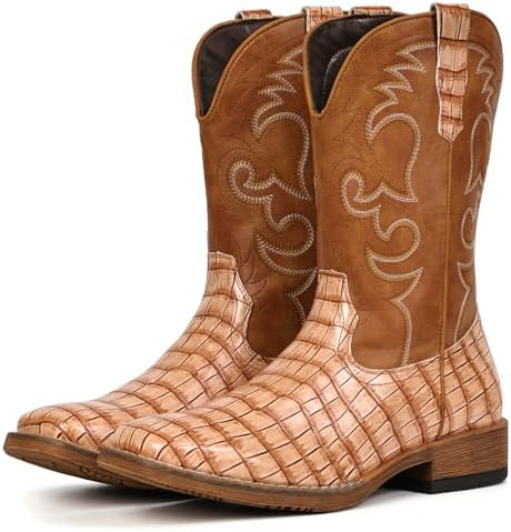 Cowboy Boots For Men Western Caiman Tail Print Wide Fashionable