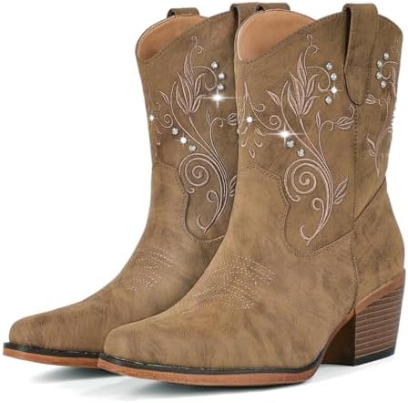 Cowboy Boots for Women Ankle Cowgirl Boots with Rhinestone Decor