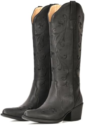 Cowboy Boots for Women Floral Knee High Almond Toe Cowgirl Western