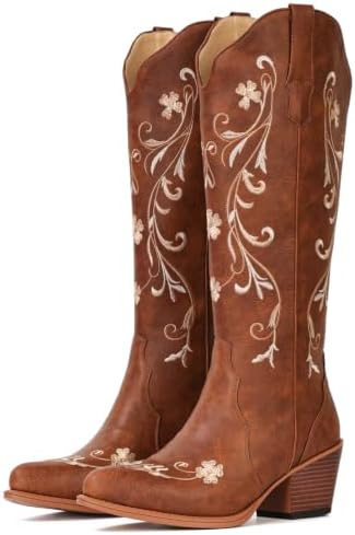 Cowboy Boots for Women Floral Knee High Almond Toe Cowgirl Western