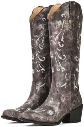 Cowboy Boots for Women Floral Knee High Almond Toe Cowgirl Western