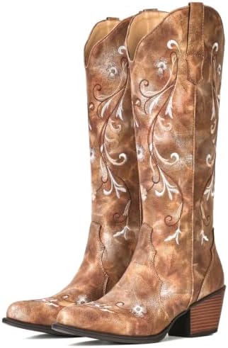 Cowboy Boots for Women Floral Knee High Almond Toe Cowgirl Western