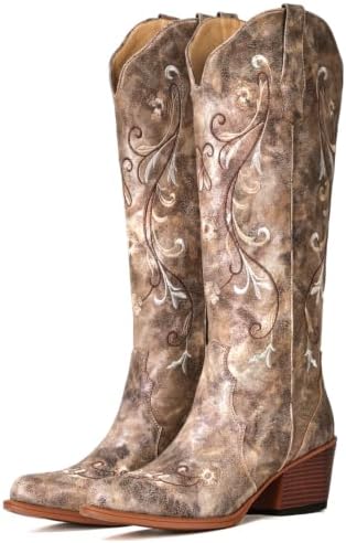 Cowboy Boots for Women Floral Knee High Almond Toe Cowgirl Western