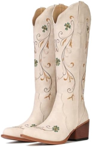 Cowboy Boots for Women Floral Knee High Almond Toe Cowgirl Western
