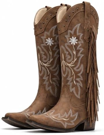 Cowboy Boots for Women Fringe Knee High Snip Toe Cowgirl Boots