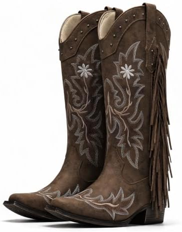 Cowboy Boots for Women Fringe Knee High Snip Toe Cowgirl Boots