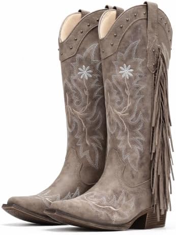 Cowboy Boots for Women Fringe Knee High Snip Toe Cowgirl Boots