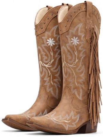 Cowboy Boots for Women Fringe Knee High Snip Toe Cowgirl Boots