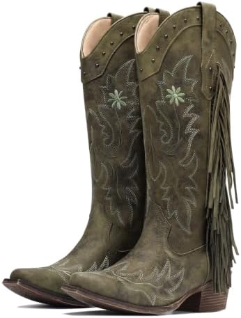Cowboy Boots for Women Fringe Knee High Snip Toe Cowgirl Boots