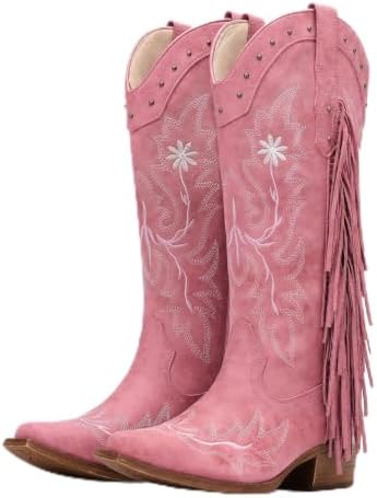 Cowboy Boots for Women Fringe Knee High Snip Toe Cowgirl Boots