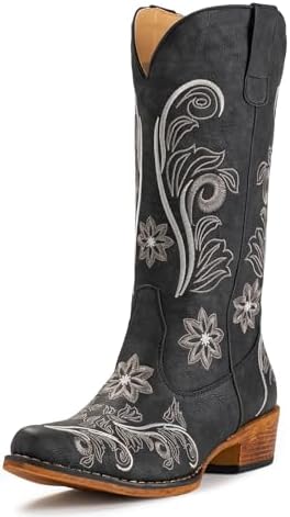 Cowboy Boots For Women Mid Calf Cowgirl Boots Embroidered Pull-On