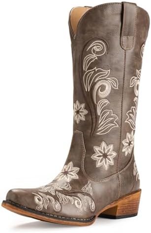 Cowboy Boots For Women Mid Calf Cowgirl Boots Embroidered Pull-On