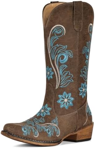 Cowboy Boots For Women Mid Calf Cowgirl Boots Embroidered Pull-On