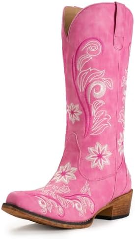 Cowboy Boots For Women Mid Calf Cowgirl Boots Embroidered Pull-On