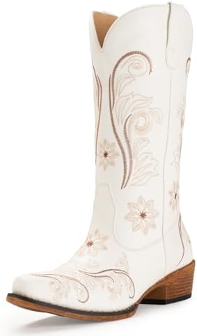 Cowboy Boots For Women Mid Calf Cowgirl Boots Embroidered Pull-On
