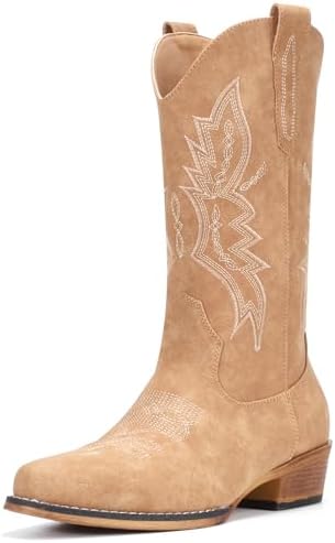 Cowboy Boots for Women Mid Calf Pull-On Cowgirl Boots