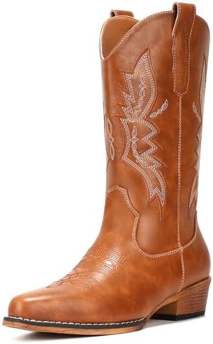 Cowboy Boots for Women Mid Calf Pull-On Cowgirl Boots