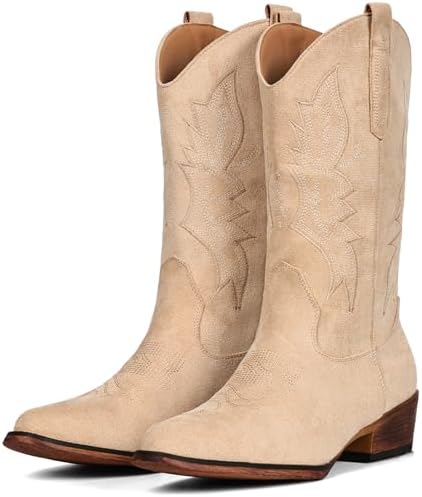 Cowboy Boots for Women Mid Calf Pull-On Cowgirl Boots