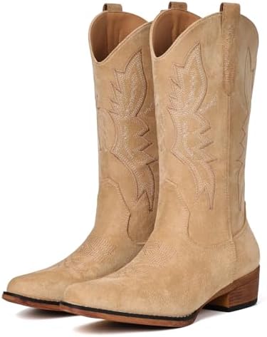 Cowboy Boots for Women Mid Calf Pull-On Cowgirl Boots