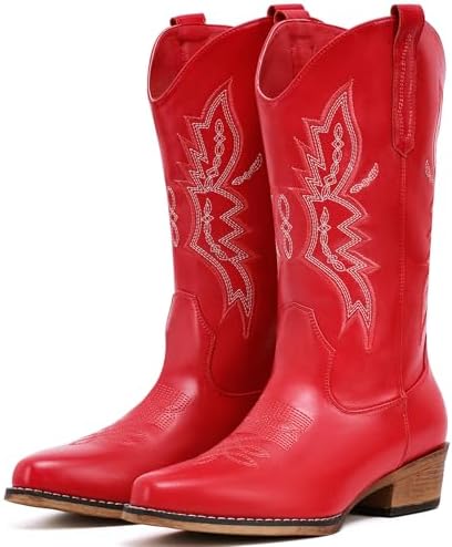 Cowboy Boots for Women Mid Calf Pull-On Cowgirl Boots, Wide Calf