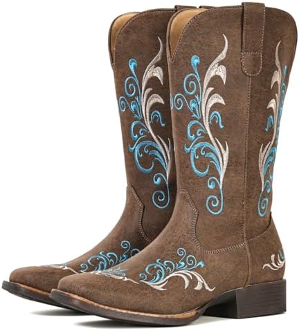 Cowboy Boots for Women Mid Calf Square Toe