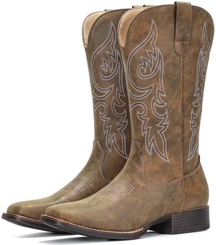 Cowboy Boots for Women Mid Calf Square Toe