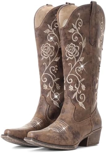 Cowboy Boots for Women Rhinestone Sparkly Knee High Cowgirl Boots