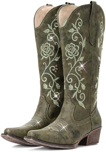 Cowboy Boots for Women Rhinestone Sparkly Knee High Cowgirl Boots