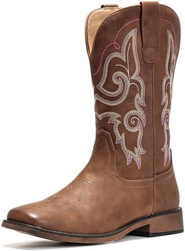 Cowboy Boots For Women Square Toe Cowgirl Wide Mid Calf Western