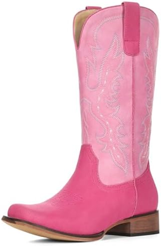 Cowboy Boots for Women Square Toe Mid Calf Cowgirl Boots