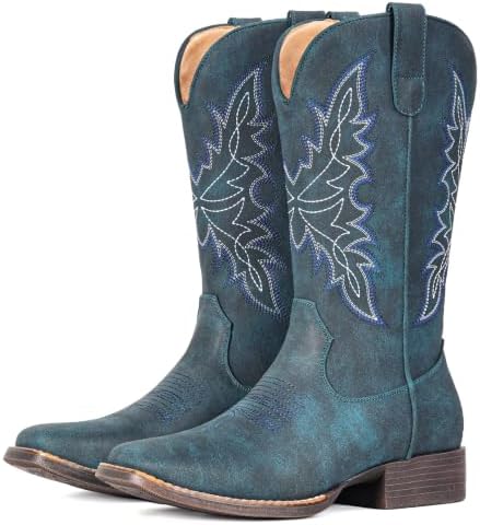 Cowboy Boots for Women Square Toe Western Cowgirl Mid Calf Pull On