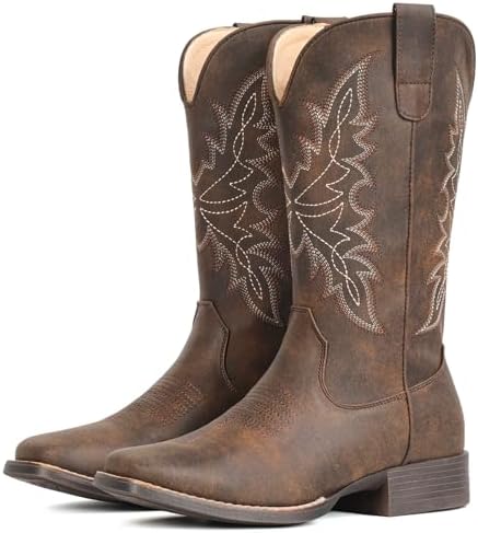 Cowboy Boots for Women Square Toe Western Cowgirl Mid Calf Pull On