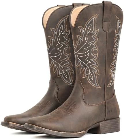 Cowboy Boots for Women Square Toe Western Cowgirl Mid Calf Pull On