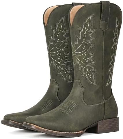 Cowboy Boots for Women Square Toe Western Cowgirl Mid Calf Pull On