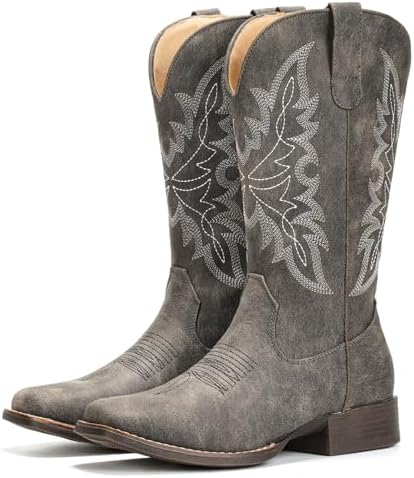 Cowboy Boots for Women Square Toe Western Cowgirl Mid Calf Pull On