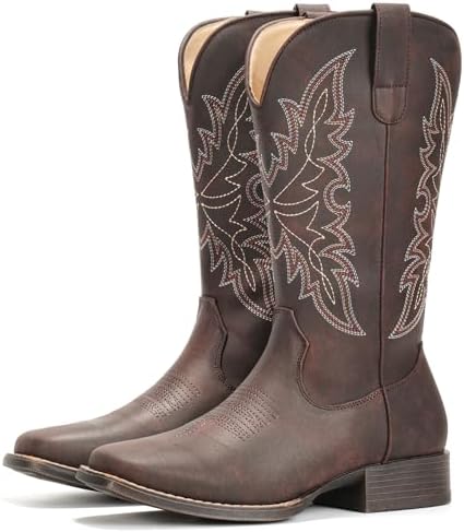 Cowboy Boots for Women Square Toe Western Cowgirl Mid Calf Pull On