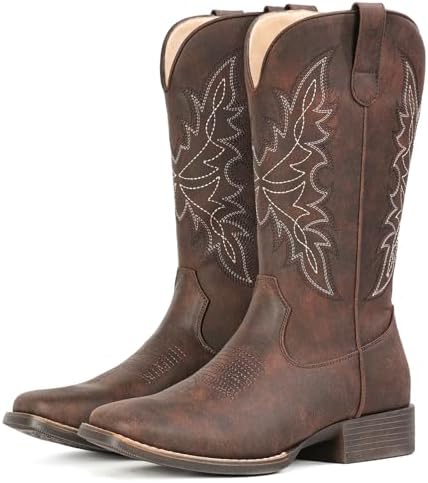 Cowboy Boots for Women Square Toe Western Cowgirl Mid Calf Pull On