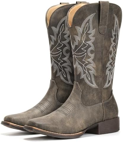 Cowboy Boots for Women Square Toe Western Cowgirl Mid Calf Pull On
