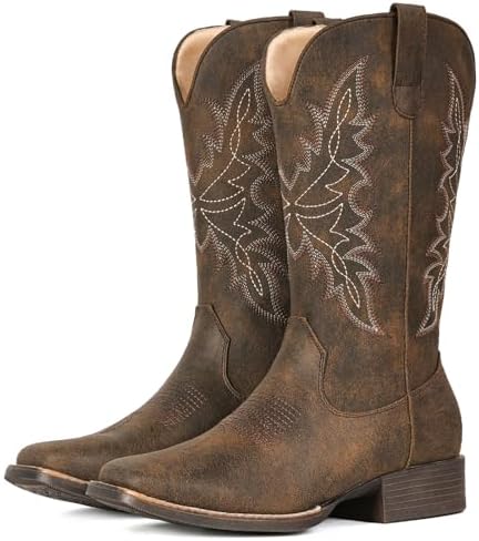 Cowboy Boots for Women Square Toe Western Cowgirl Mid Calf Pull On