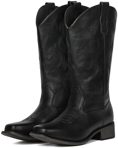 Cowboy Boots For Women Square Toe Wide Suede Western Mid Calf