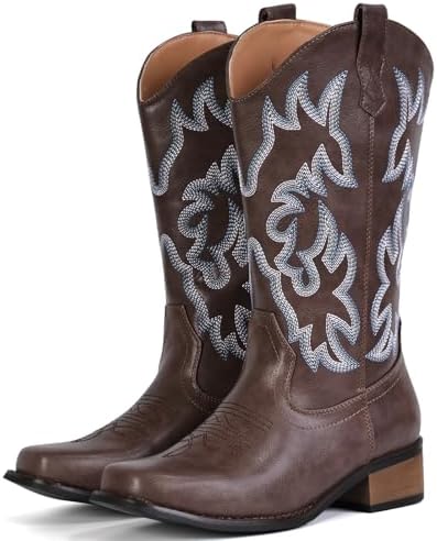 Cowboy Boots For Women Square Toe Wide Suede Western Mid Calf