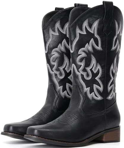 Cowboy Boots For Women Square Toe Wide Suede Western Mid Calf