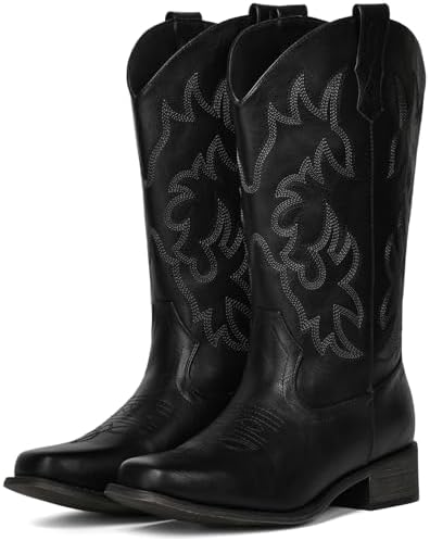 Cowboy Boots For Women Square Toe Wide Suede Western Mid Calf