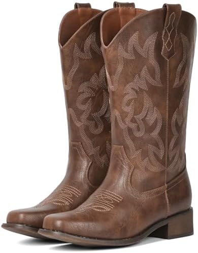 Cowboy Boots For Women Square Toe Wide Suede Western Mid Calf