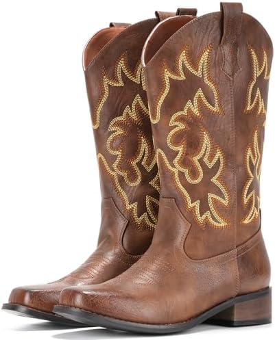 Cowboy Boots For Women Square Toe Wide Suede Western Mid Calf